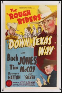 2h097 DOWN TEXAS WAY linen 1sh 1942 art, Rough Riders Buck Jones, Tim McCoy & Raymond Hatton!