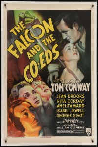 2h109 FALCON & THE CO-EDS linen 1sh 1943 art of detective Tom Conway & pretty ladies under knife!