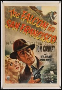2h110 FALCON IN SAN FRANCISCO linen 1sh 1945 cool artwork of detective Tom Conway with smoking gun!