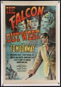 2h111 FALCON OUT WEST linen 1sh 1944 great art of Tom Conway as The Falcon with three sexy suspects!