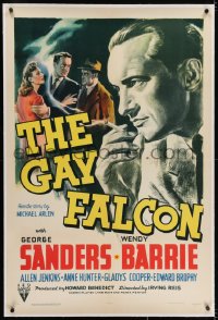2h118 GAY FALCON linen 1sh 1941 c/u art of smoking George Sanders, Wendy Barrie, 1st of the series!