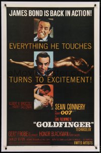 2h124 GOLDFINGER linen 1sh 1964 three great images of Sean Connery as James Bond 007!