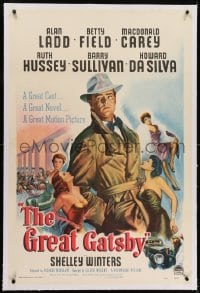 2h128 GREAT GATSBY linen 1sh 1949 misleading art of Alan Ladd in trench coat surrounded by sexy women!