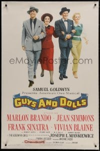 2h131 GUYS & DOLLS linen 1sh 1955 Marlon Brando, Jean Simmons, Frank Sinatra & Blaine arm-in-arm!