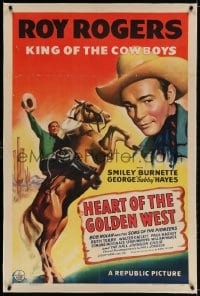 2h135 HEART OF THE GOLDEN WEST linen 1sh 1942 cool art of Roy Rogers close up & on rearing Trigger!