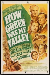 2h142 HOW GREEN WAS MY VALLEY linen 1sh 1941 John Ford, cool art of top cast, Best Picture 1941!