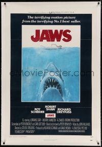 2h150 JAWS linen int'l 1sh 1975 art of Spielberg's classic man-eating shark attacking sexy swimmer!