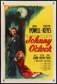 2h153 JOHNNY O'CLOCK linen 1sh R1956 cool noir art of Dick Powell & sexy Evelyn Keyes by clock!