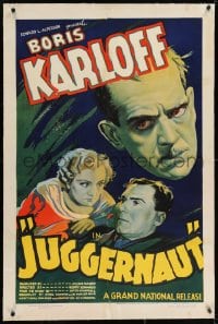2h154 JUGGERNAUT linen 1sh 1936 cool art of Boris Karloff, horror man of the screen without makeup!