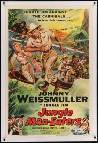 2h156 JUNGLE MAN-EATERS linen 1sh 1954 Cravath art of Johnny Weissmuller as Jungle Jim vs cannibals!