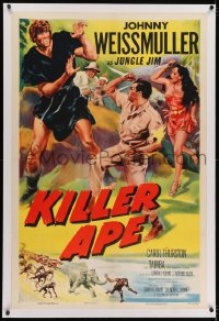 2h160 KILLER APE linen 1sh 1953 Cravath art of Johnny Weissmuller as Jungle Jim fighting giant man!