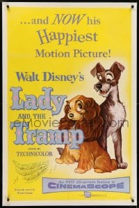2h169 LADY & THE TRAMP linen 1sh 1955 Walt Disney romantic canine dog classic cartoon!