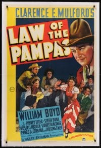 2h171 LAW OF THE PAMPAS linen 1sh 1939 great image of William Boyd as Hopalong Cassidy in Argentina!