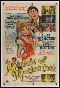 2h195 MIRACLE OF MORGAN'S CREEK linen 1sh 1943 Preston Sturges, Eddie Bracken & Betty Hutton!