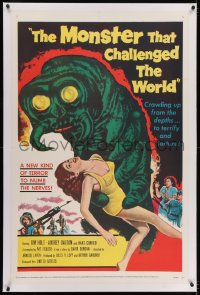 2h200 MONSTER THAT CHALLENGED THE WORLD linen 1sh 1957 great artwork of the creature & its victim!