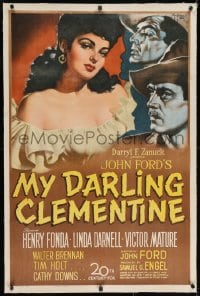 2h206 MY DARLING CLEMENTINE linen 1sh 1946 Gargiulo art of Linda Darnell, Fonda, Mature, ultra rare!