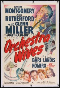 2h216 ORCHESTRA WIVES linen 1sh 1942 colorful art of Glenn Miller playing trombone + cast portraits!