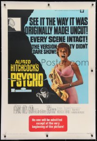 2h233 PSYCHO linen 1sh R1969 sexy Janet Leigh, Anthony Perkins, Alfred Hitchcock classic!