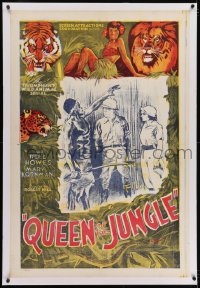 2h237 QUEEN OF THE JUNGLE linen 1sh R1940s the triumphant animal wild serial, cool artwork!