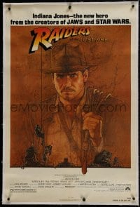 2h241 RAIDERS OF THE LOST ARK linen 1sh 1981 Richard Amsel art of Harrison Ford, Steven Spielberg!