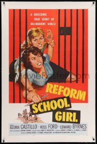2h244 REFORM SCHOOL GIRL linen 1sh 1957 classic AIP bad girl catfight behind prison cell bars art!