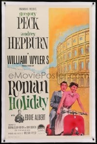 2h250 ROMAN HOLIDAY linen int'l 1sh R1960 Audrey Hepburn & Gregory Peck on Vespa by Coliseum, rare!
