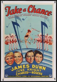 2h283 TAKE A CHANCE linen 1sh 1933 James Dunn & Buddy Rogers in notes + sexy deco dancing girls!