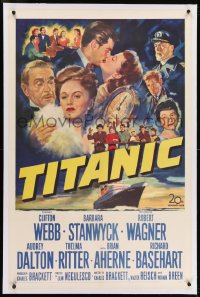 2h302 TITANIC linen 1sh 1953 great artwork of Clifton Webb, Barbara Stanwyck & legendary ship!