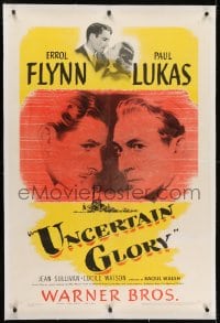 2h309 UNCERTAIN GLORY linen 1sh 1944 art of French Errol Flynn face-to-face with Nazi Paul Lukas!