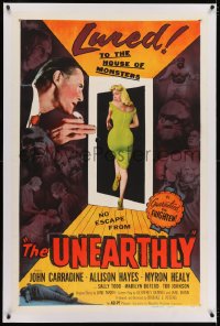 2h311 UNEARTHLY linen 1sh 1957 John Carradine, sexy Sally Todd is lured to the house of monsters!