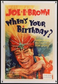 2h320 WHEN'S YOUR BIRTHDAY linen 1sh 1937 great portrait art of wacky fortuneteller, Joe E. Brown!