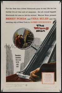 2h328 WRONG MAN linen 1sh 1957 Henry Fonda, Vera Miles, Alfred Hitchcock, cool rear view mirror art!