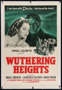 2h329 WUTHERING HEIGHTS linen 1sh 1939 Laurence Olivier is torn with desire for Merle Oberon!