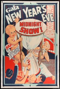 2j050 GALA NEW YEAR'S EVE MIDNIGHT SHOW linen 40x60 1956 art of baby & Father Time w/hourglass, rare!