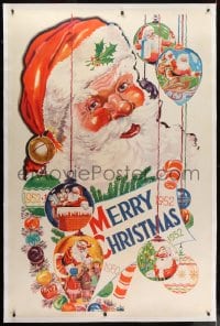 2j051 MERRY CHRISTMAS 1952 linen 40x60 1952 great art of Santa Claus & Xmas decorations, very rare!