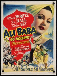 2j253 ALI BABA & THE FORTY THIEVES linen Belgian 1948 art of Maria Montez, Jon Hall & Turhan Bey!