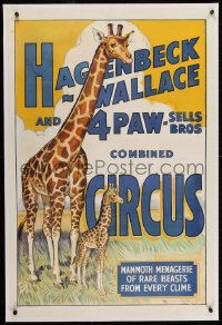 2j136 HAGENBECK-WALLACE & 4PAW-SELLS BROS linen 28x42 circus poster 1930s menagerie of rare beasts!