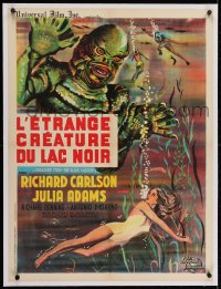 2j316 CREATURE FROM THE BLACK LAGOON linen French 24x32 R1962 art of monster looming over Adams!