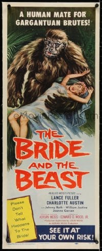 2j058 BRIDE & THE BEAST linen insert 1958 Ed Wood classic, great art of huge ape holding sexy girl!