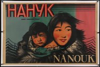 2j228 NANOOK OF THE NORTH linen Russian 29x43 1922 Gerasimovich art of his wife & child, very rare!