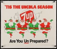 2j146 7 UP linen 17x21 advertising poster 1970 cool art of four Santas dancing, Christmas design!