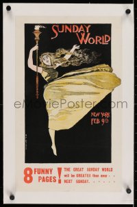 2j170 NEW YORK WORLD linen 11x19 special poster 1896 February 9th, Outcault art of woman with torch!