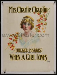 2j174 WHEN A GIRL LOVES linen 21x29 special poster 1919 art of Mrs. Charlie Chaplin, super rare!