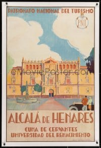 2j192 ALCALA DE HENARES linen 25x39 Spanish travel poster 1929 Cervantes' birthplace, Vaquero art!