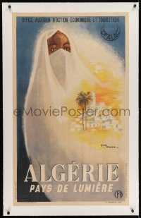 2j176 ALGERIE PAYS DE LUMIERE linen 23x39 Algerian travel poster 1947 Nouen art of woman wearing a niqab!