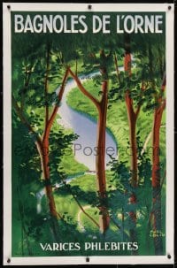2j183 BAGNOLES DE L'ORNE linen 24x39 French travel poster 1937 Paul Colin art of river in forest!