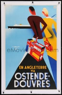 2j178 EN ANGLETERRE VIA OSTENDE-DOUVRES linen 24x39 Belgian travel poster 1950s great Lemaire art!