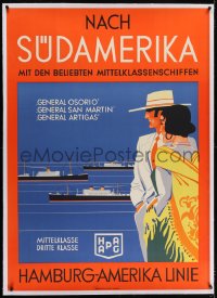 2j046 HAMBURG AMERICA LINE linen 34x47 German travel poster 1930s ships traveling to South America!