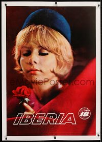 2j193 IBERIA linen 26x38 Spanish travel poster 1968 great close up of beautiful flight attendant!