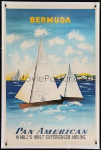 2j194 PAN AMERICAN BERMUDA linen 27x41 travel poster 1950s great art of sailboats by the coast!